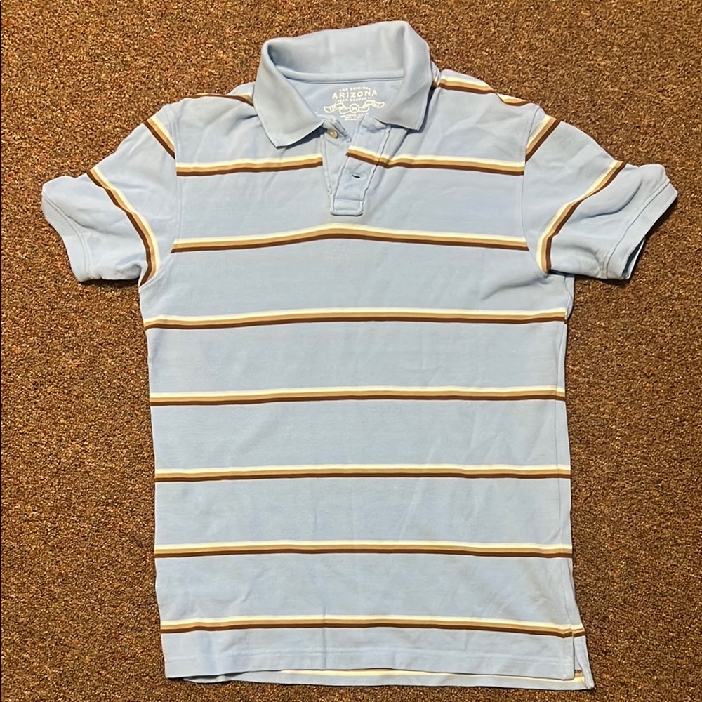Arizona Jean Company Men’s Blue Polo Shirt Size M BrownTanWhite Stripes